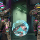Two Spartans aim weapons on the Streets map in Halo Infinite while standing next to a revival orb in the Attrition mode.